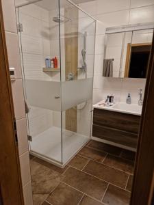 a bathroom with a shower and a sink at Nicky apartments and studios in Niederau +98 photos