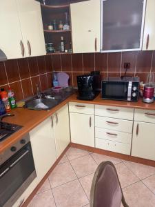 a kitchen with a sink and a microwave at Kay Borsa in Alba Iulia