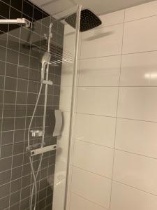 a shower with a glass door in a bathroom at Hotell Rättvik in Rättvik +22 photos