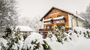 a log cabin in the snow with snow covered trees at CABANA BERNER stațiunea Mogoșa in Baia-Sprie