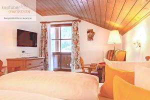 a bedroom with a bed and a tv and a window at Edelweißhof in Ischgl