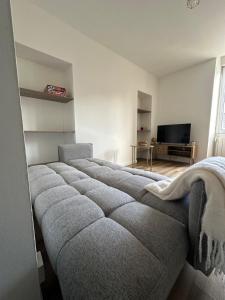 a living room with a couch and a television at Le Nid de la Mayenne in Mayenne