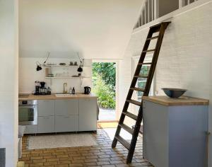 a kitchen with a ladder next to a kitchen counter at Idyllic House By Mossø in Skanderborg