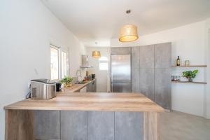 a kitchen with a counter and a refrigerator at Villa Aionia in Lepeda in Lixouri +23 photos