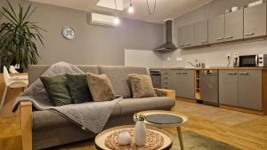 a living room with a couch and a kitchen at Penzion Jelínek in Opočno