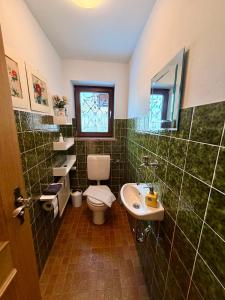 a green tiled bathroom with a toilet and a sink at FeWo Reserl in Bischofswiesen +24 photos