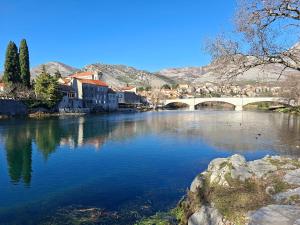 a river with a bridge and buildings and a city at Apartman Biser in Trebinje