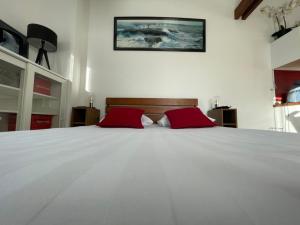 a bedroom with a large white bed with red pillows at L'Opaline-Maisonnette 28m2 grand confort avec jardin-tout inclus in Tully