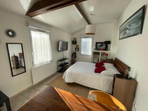 a bedroom with a bed with red pillows on it at L'Opaline-Maisonnette 28m2 grand confort avec jardin-tout inclus in Tully
