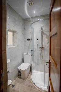 a bathroom with a toilet and a glass shower at 9 Studio Flat in Victoria +9 photos