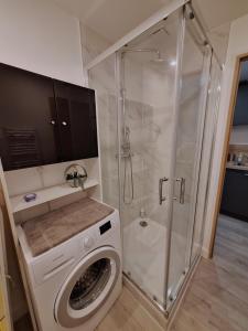 a washing machine in a bathroom with a shower at Faubourg des voyageurs 4 - Studio climatisé 2 personnes - proche axe autoroute in Saran