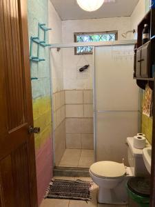 a bathroom with a shower and a toilet at Passiflora Backpackers Samara in Sámara