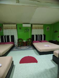 a room with two beds and a green wall at Mokdo Guest House in Perhentian Islands