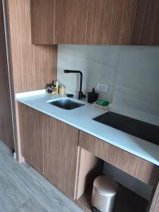 a kitchen counter with a sink and a trash can at San Pedro, Cristal INN in San Pedro