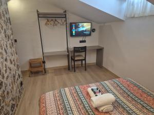 a bedroom with a bed with a desk and a television at Bavieca in Medinaceli