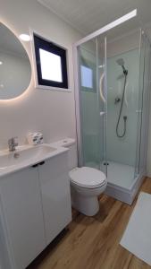 a bathroom with a toilet and a glass shower at São Pedro de Moel by Campigir in São Pedro de Moel