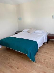 a bedroom with a bed with a green blanket on it at Appartement 3 étoiles - eecfga in Saint-Lizier