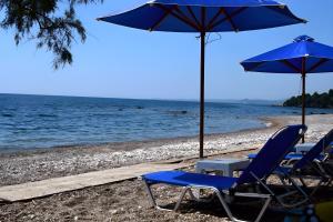 two chairs and an umbrella on the beach at Alexandros Beachfront Apartments near Petalidi with Private Sunbeds & Sea View in Kalamaki Messinia