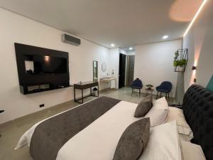 a bedroom with a large bed and a flat screen tv at Hotel Merlott 70 in Medellín