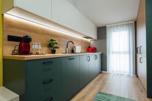 a kitchen with green cabinets and a window at KNB City Suites in Odorheiu Secuiesc