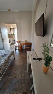 a living room with a bed and a table with a plant at Antzela Apartments in Sidari