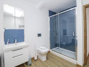 a bathroom with a toilet and a glass shower at Courtyard View in Ashbourne +30 photos