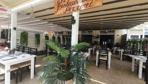 a restaurant with tables and chairs and a palm tree at Mateo Rooms in Himare