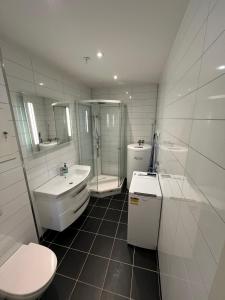 a bathroom with a toilet and a sink and a shower at Nobelgården in Harstad