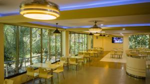 a restaurant with tables and chairs and windows at Blue Wave Guesthouse Maldives - Book FB a week gets a free excursion in Kudahuvadhoo