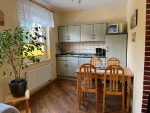 a kitchen with a dining room table and chairs at Ferienwohnung Anna in Benneckenstein +12 photos