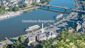 an aerial view of a harbor with a boat in the water at Ferienwohnungen Bongarden in Bernkastel-Kues