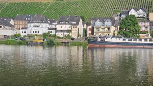 a boat sitting in the water in front of a city at Ferienwohnungen Bongarden in Bernkastel-Kues