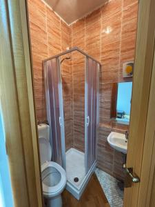 a bathroom with a shower and a toilet and a sink at Casa Alighieri in Montalto Uffugo