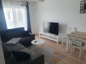a living room with a couch and a flat screen tv at Apartament Number One NOVA WOZOWNIA in Leszno