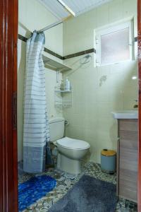 a bathroom with a toilet and a shower curtain at Zoe House in Sidari