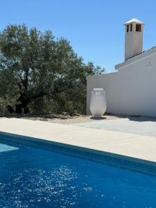 a vase is sitting next to a swimming pool at Casa Horizonte in Iznájar