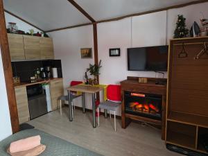 a kitchen with a table and a fireplace in a room at Dolina Rosy in Ustrzyki Dolne