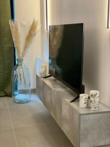 a flat screen tv sitting on a counter with a vase at Romantic Suite & Jungle in Longjumeau