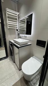 a bathroom with a toilet and a sink at Premium Smart Studio with River View in Tbilisi City +19 photos