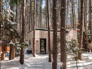 a house in the woods in the snow at Domaine FORESIA in Saint-Alexis-des-Monts