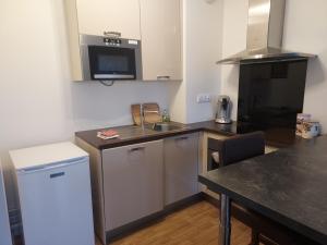 a kitchen with a white refrigerator and a sink at Au Reflet Du Pont in La Rivière Saint Sauveur