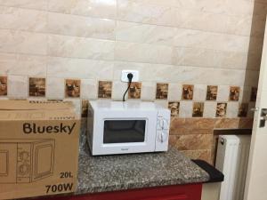 a white microwave sitting on a counter next to a box at Beautiful House in Tunis