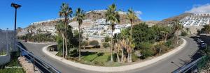 a winding road in front of a mountain with palm trees at Residencial Sol Suite 2 in Mogán