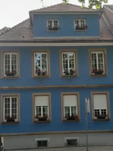 a blue house with windows and plants in it at Renovated charming appartment in Strasbourg