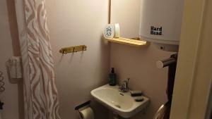 a small bathroom with a sink and a toilet at Stuga Sandhem in Sandhem +13 photos
