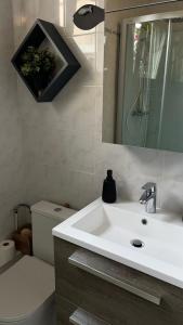 a bathroom with a sink and a toilet and a mirror at VILLA CATHY in Dives-sur-Mer +24 photos