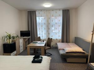 a bedroom with a bed and a desk and a table at Penzion Pollet in Pilsen