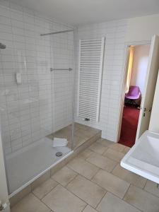 a bathroom with a shower and a tub and a sink at Hotel Rose in Weißenburg in Bayern