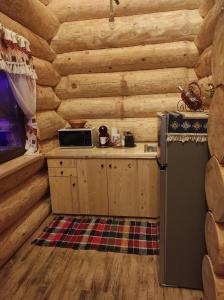 a kitchen in a log cabin with a refrigerator and a tv at Rustic House in Predeal