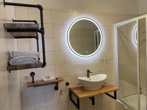 a bathroom with a sink and a mirror at Pension Zum Alten Fährhaus in Rostock